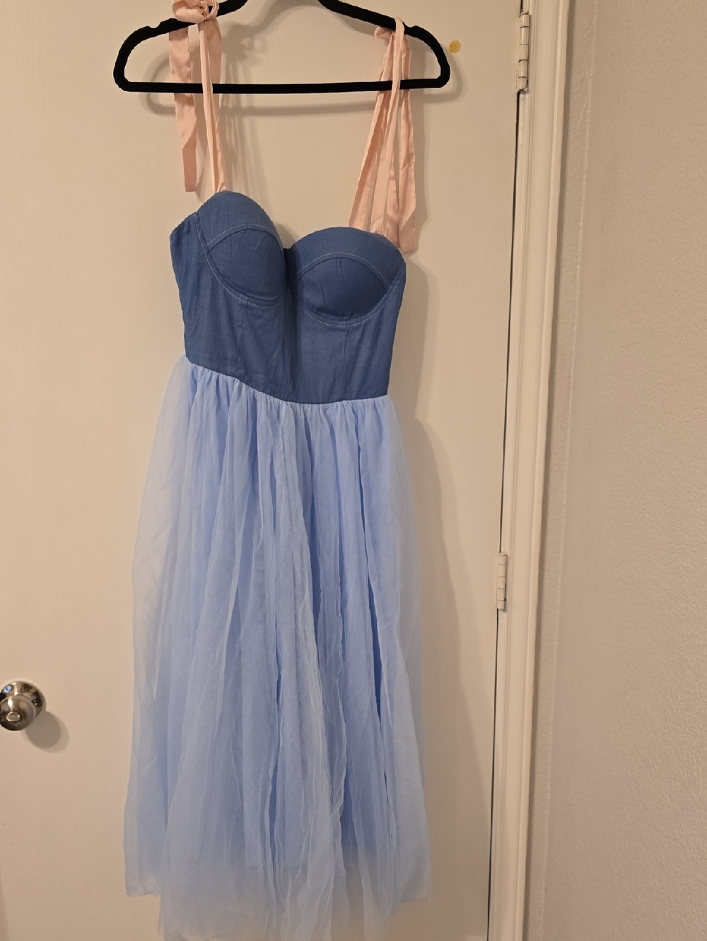 Blue Tulle Prom Dress with Pink Tie Straps